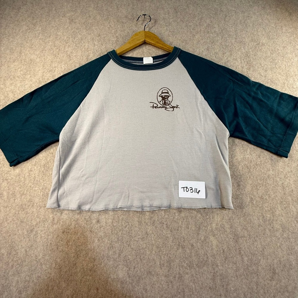 Vintage Panama‎ Jack Raglan Shirt XL Gray Green Cropped Graphic Tee Made in USA
